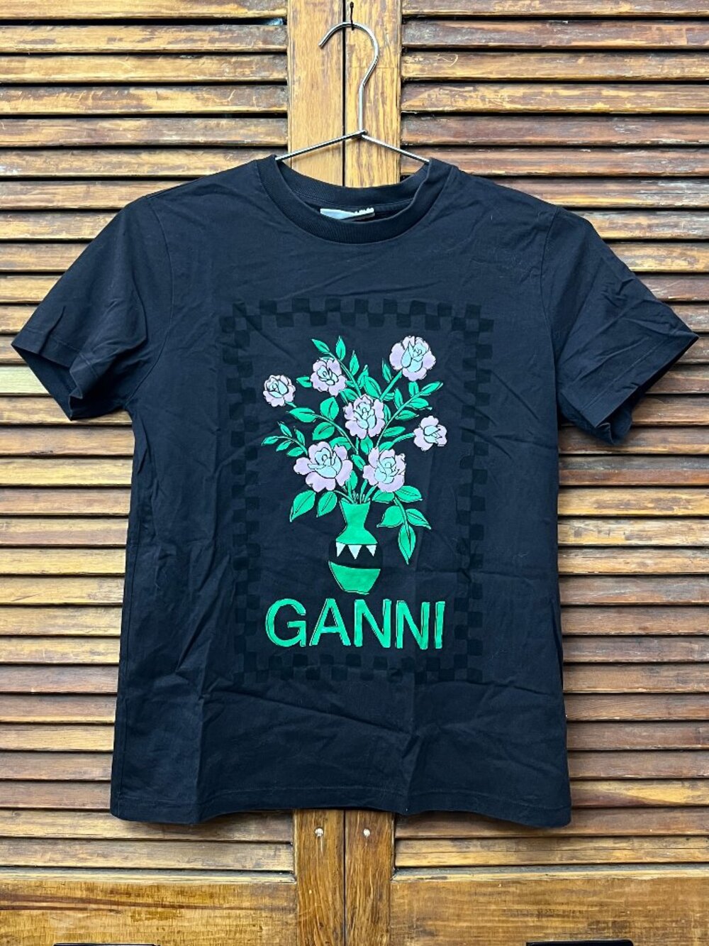 Ganni floral graphic tee/t-shirt, black, xxs